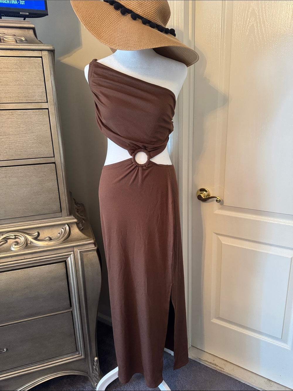 Brown One-Shoulder Cutout Maxi Dress